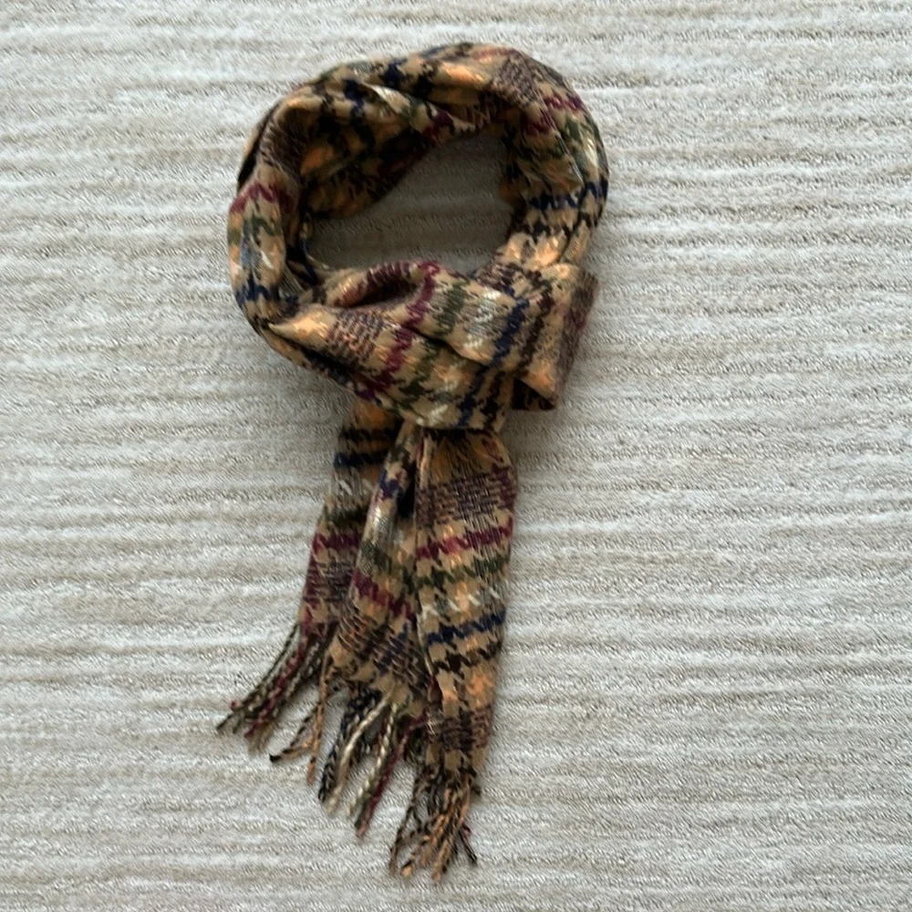Made in Scotland 100% Cashmere Scarf Classic Tan and Multi Plaid Fringe Ends